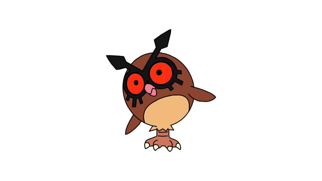 Minimalist 2D Hoothoot Pokémon illustration with red eyes and clock-hand eyebrows on white background Wallpaper