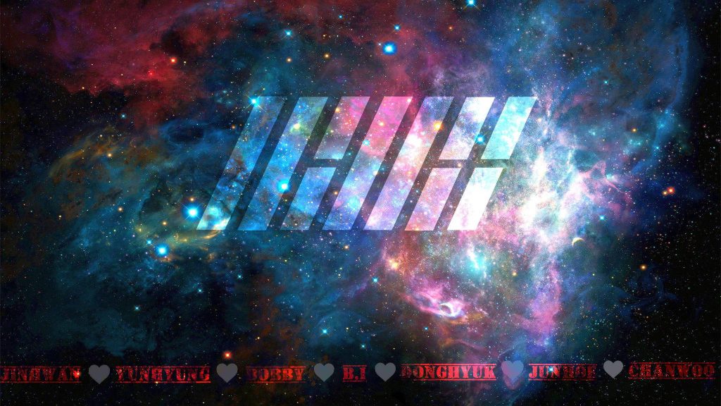iKON cosmic wallpaper with seven-slashed logo nebula stars and member names Jinhwan Yunhyeong Bobby B.I