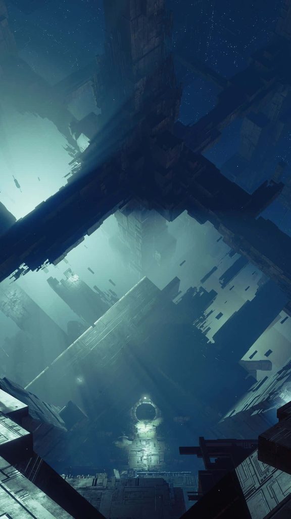 Vex architecture Destiny 2 wallpaper floating monoliths teal night sky glowing portal background