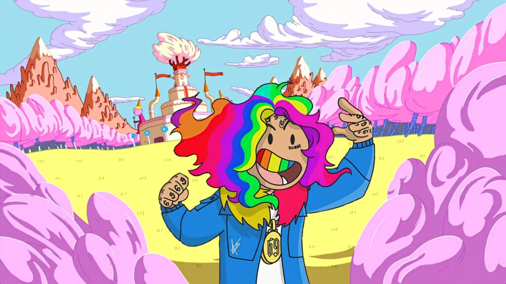 6ix9ine with rainbow hair in Adventure Time style amid vibrant pink trees and whimsical landscape Wallpaper