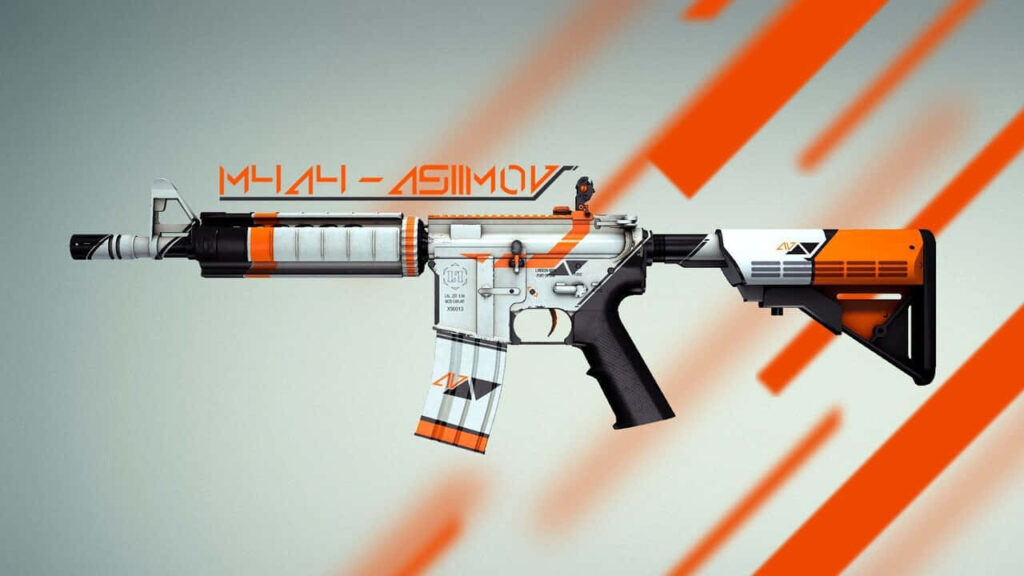 M4A4 Asiimov: A Vibrant CS:GO Backdrop in 720p Resolution Wallpaper