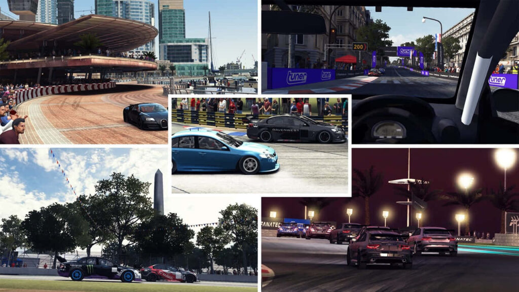 Grid Autosport Racing Video Game Collage Wallpaper with High-Speed Circuits and Performance Cars For Intense Racing Atmosphere