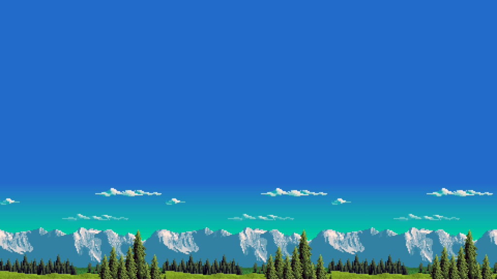 Pixelated Nature: A Stunning 8-bit Mountains and Trees Painting Wallpaper