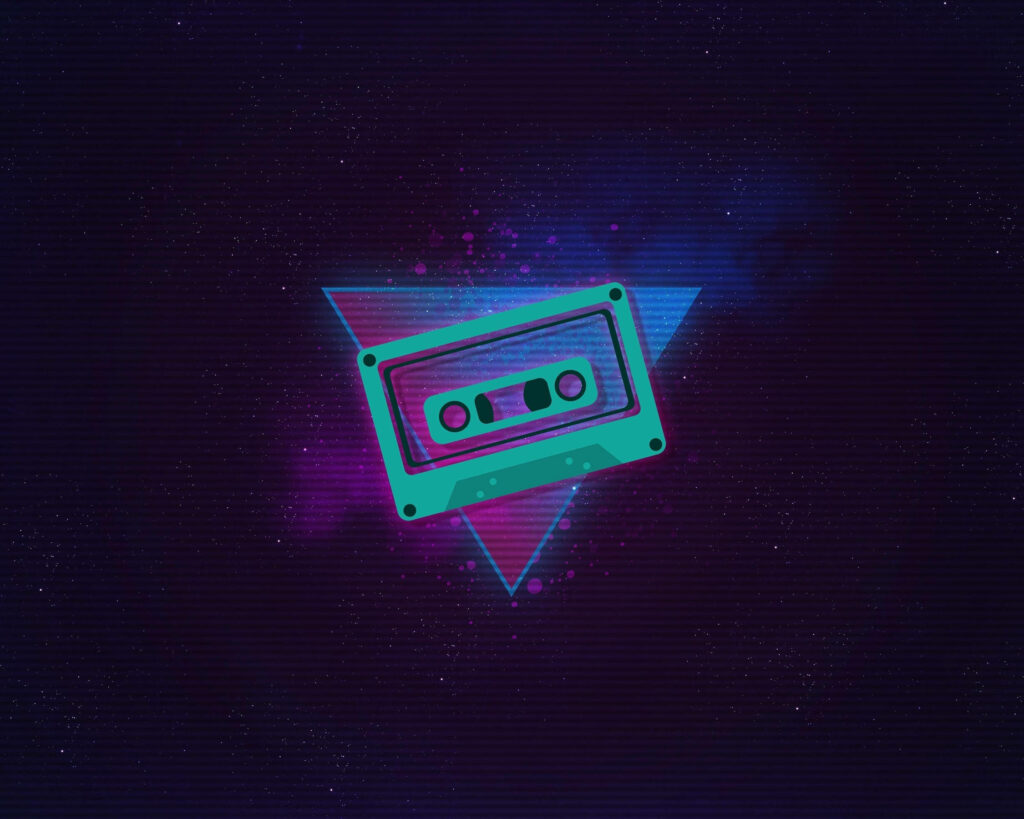 Triangular Frame Immersed in 80s Retro Vibes with Disc Tape and Synth Wave Background Wallpaper