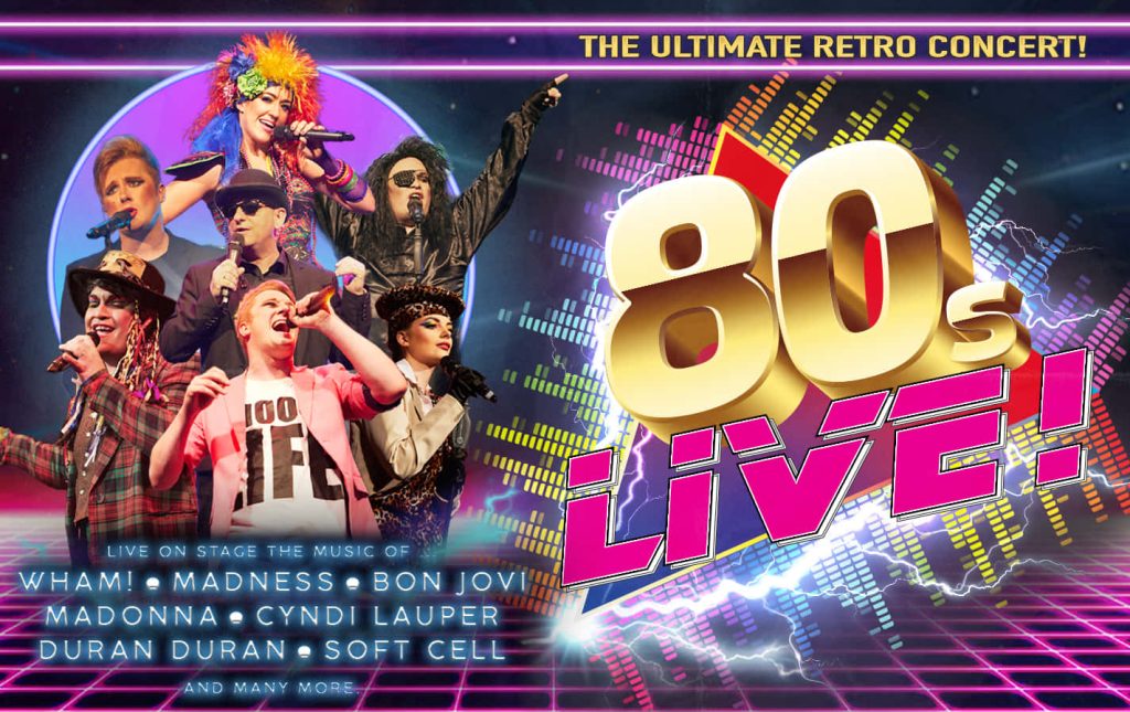 Vibrant 80s Live tribute poster with neon fashion performers electric grid and lightning background Wallpaper