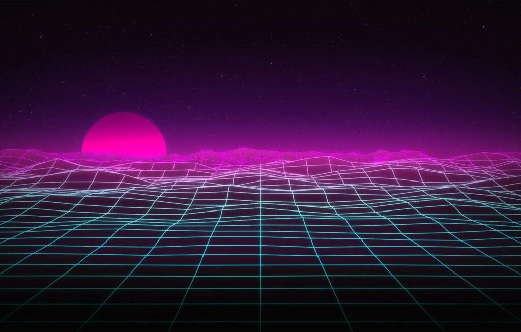 Pulsating Nostalgia: Retro Sonic Landscape With Neon Pink Sun, Grid Hills, and 80's Synthwave Vibe Wallpaper