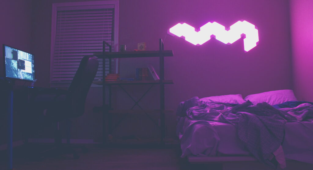 Neon Dreams: An 80's Synthwave Bedroom with Techno Furniture and Outrun Lights - 4K Wallpaper