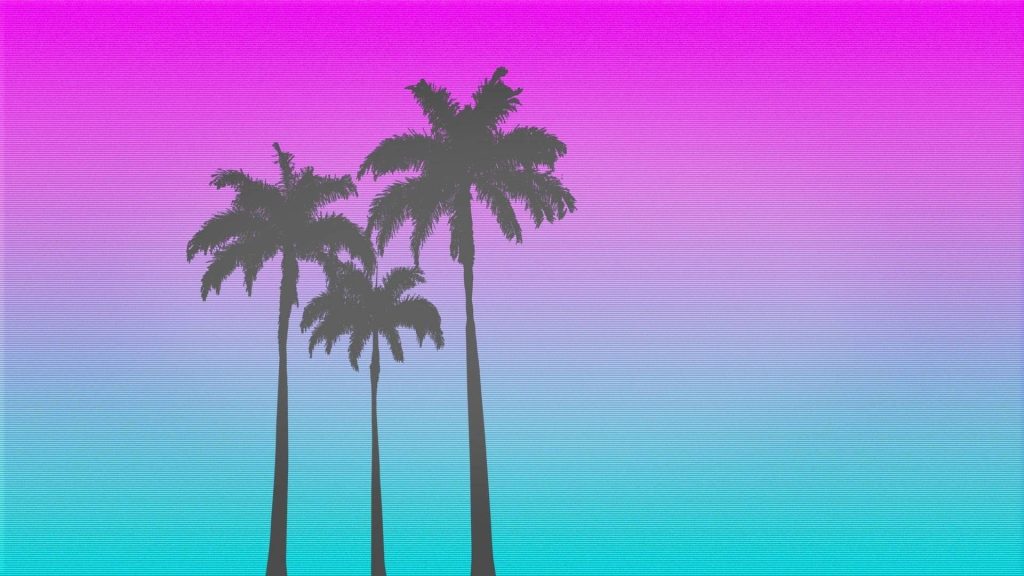 Synthwave wallpaper with three palm tree silhouettes neon pink to cyan gradient retro scanline texture