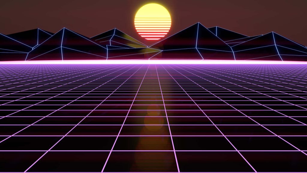 80s synthwave wallpaper glowing neon grid dark wireframe mountains retro striped sun purple gold lighting
