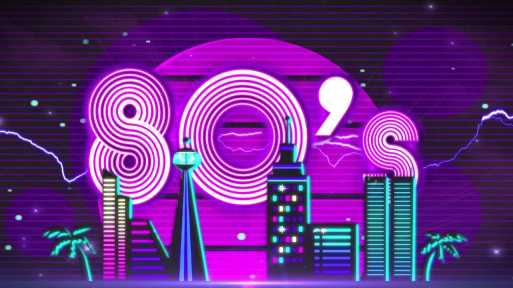 Vibrant 80s synthwave wallpaper with neon 80s text purple sun teal retro cityscape Calgary Tower