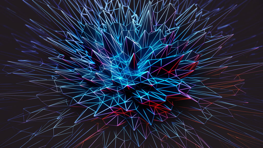 8K UHD 3D abstract geometric explosion with electric blue red spikes on black background wallpaper