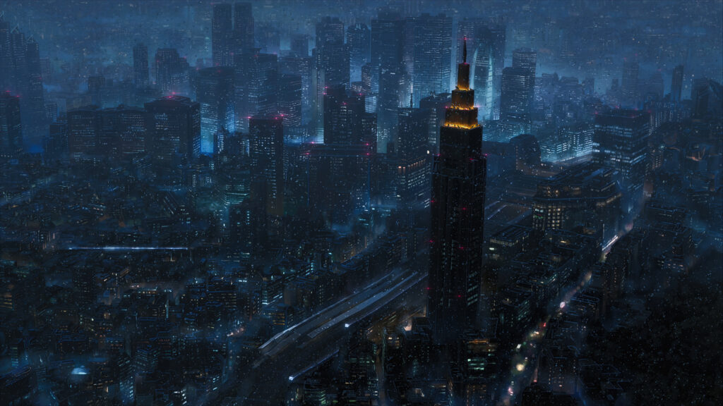 8k Anime Cityscape at Night: A Stunning Dark Background Image Wallpaper in 16K 15360x8640 Resolution