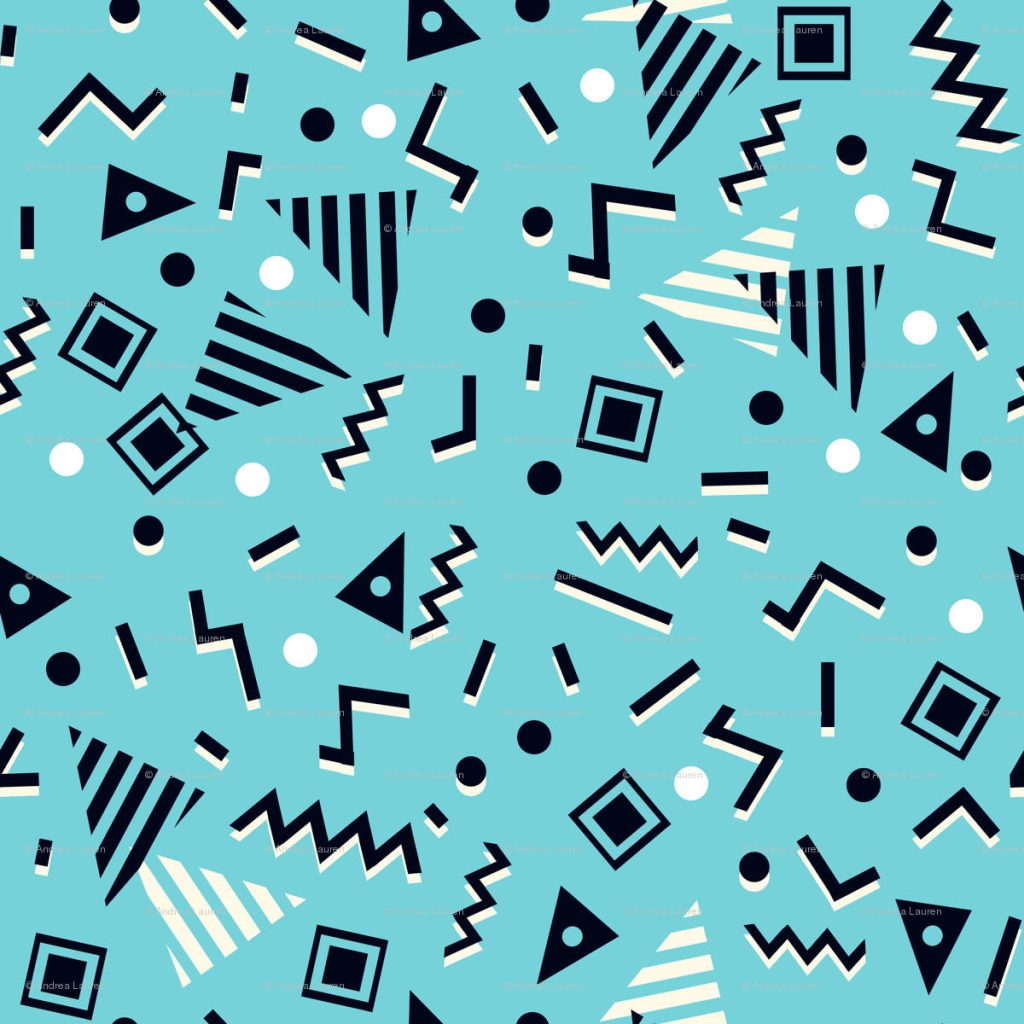 Blue 90s Memphis style party wallpaper with black and white geometric shapes on light blue background