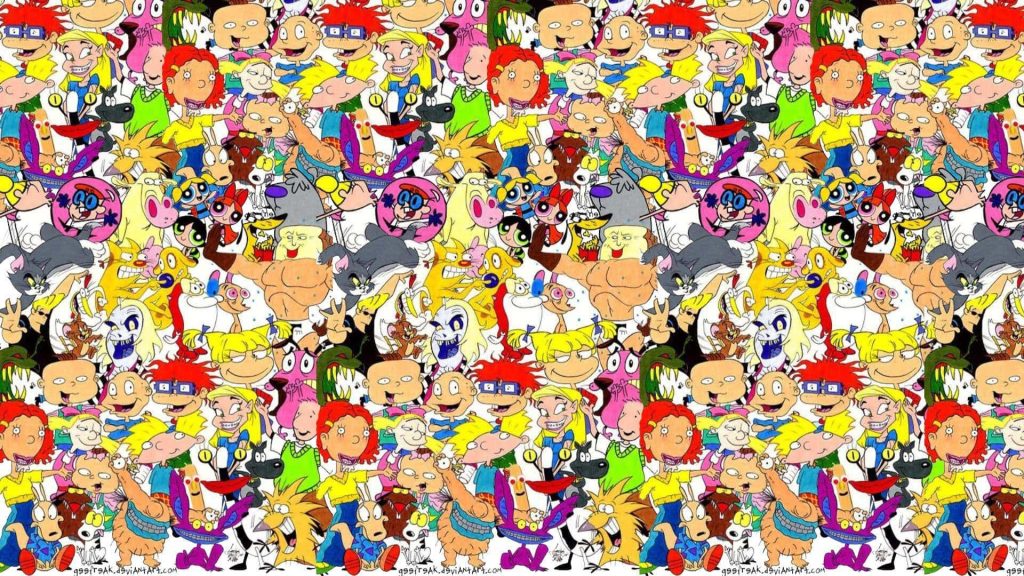 Vibrant 90s cartoon collage with Tommy Pickles Arnold Dexter Powerpuff Girls Eliza Thornberry wallpaper