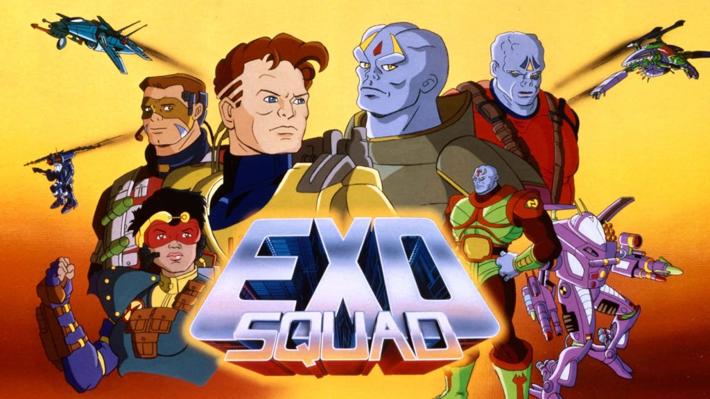 90s Exosquad wallpaper with pilots Neo-Sapien mechs vibrant orange sunset retro sci-fi design