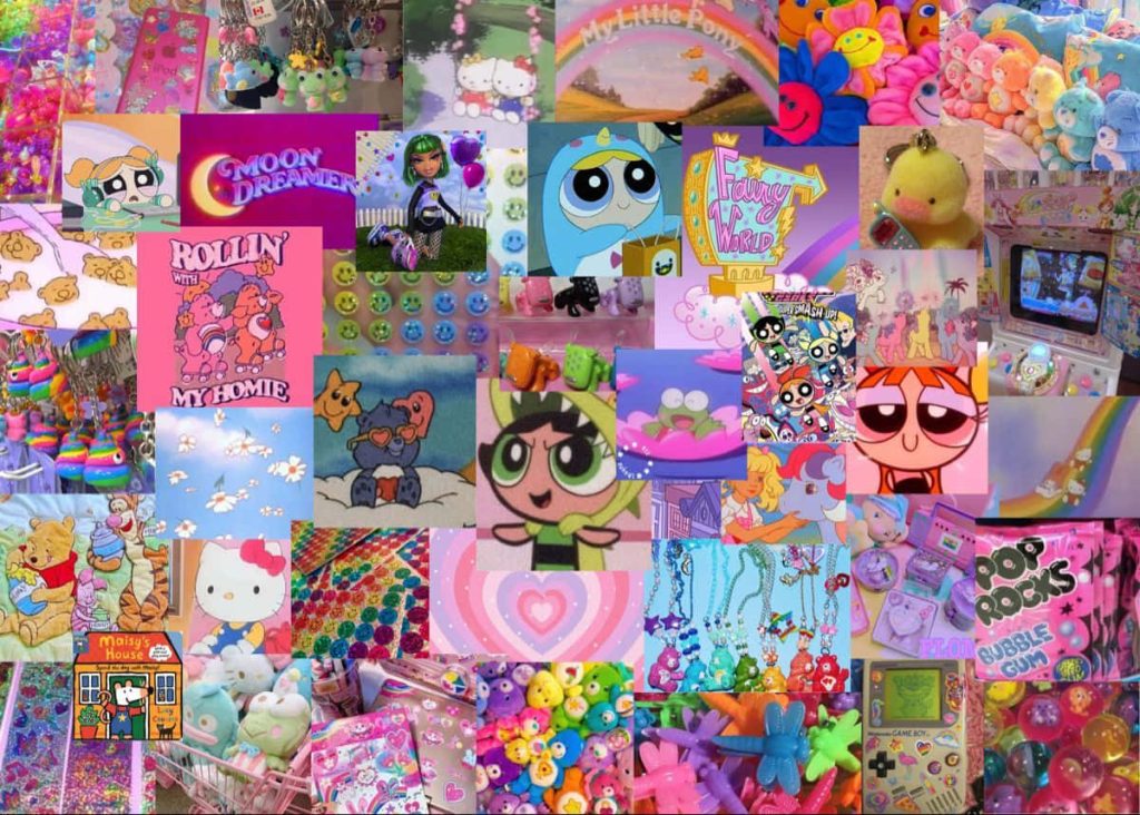 90s Kidcore collage wallpaper with Powerpuff Girls Care Bears Hello Kitty pastel neon fun