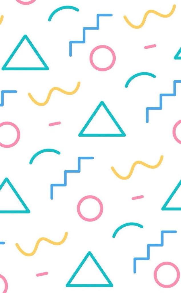 90s Memphis style wallpaper with bright cyan pink yellow geometric shapes on white background