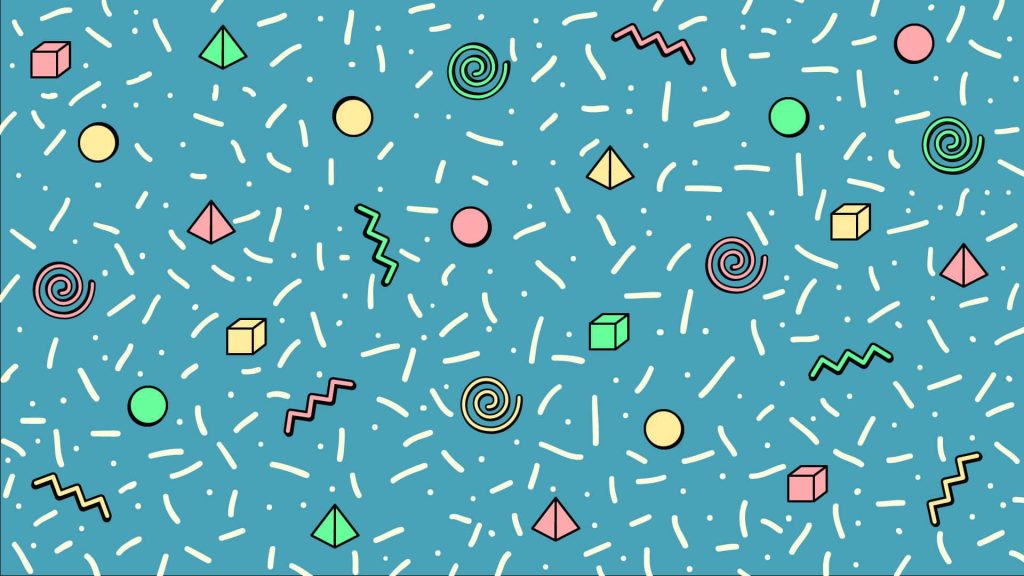 Vibrant 90s Memphis-style wallpaper with geometric cubes pyramids colorful spirals on blue background