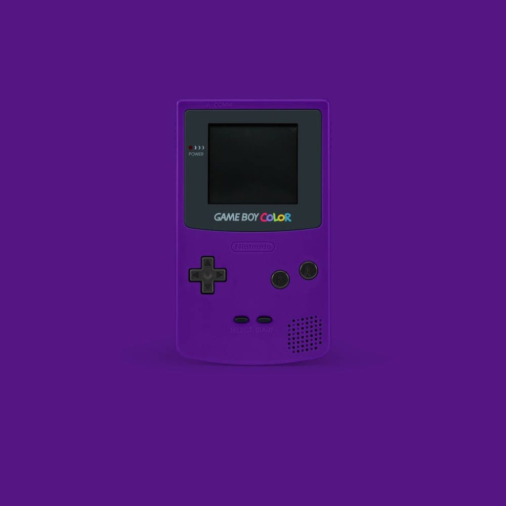 Minimalist wallpaper of Atomic Purple Nintendo Game Boy Color on violet background retro design