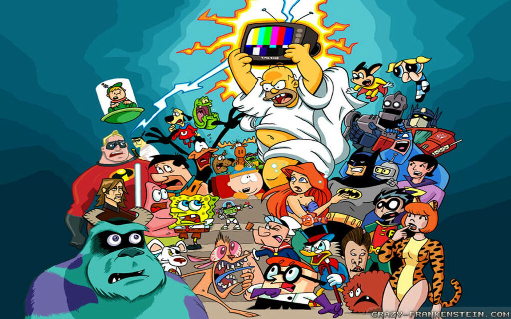 Smashing Nostalgia: 90s Cartoon Characters Cower Before an Angry Homer Simpson in Vintage TV Wallpaper.