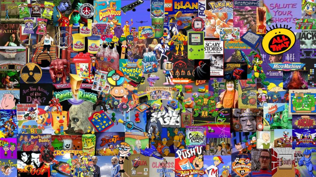Colorful 90s collage featuring Pokémon Super Mario 64 Rugrats Power Rangers and Dunkaroos wallpaper