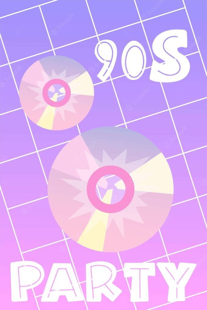 Vibrant 90s retro wallpaper with colorful CDs floating on purple grid Y2K tech party background