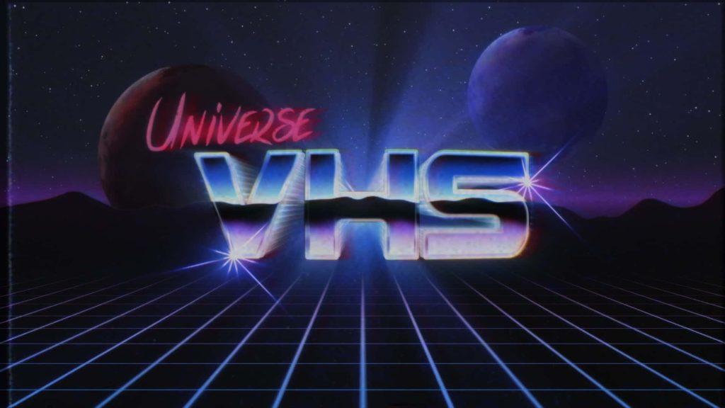 Retro 90s synthwave wallpaper with chrome VHS text universe script cosmic grid planets stars