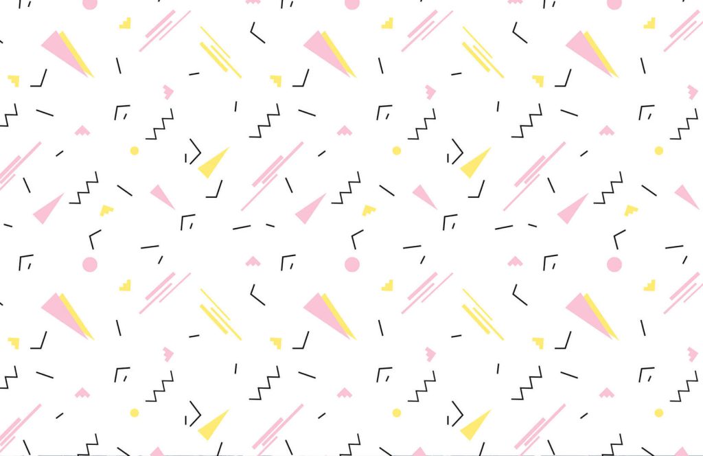 90s-inspired geometric wallpaper with pastel pink yellow black shapes on white Memphis design background