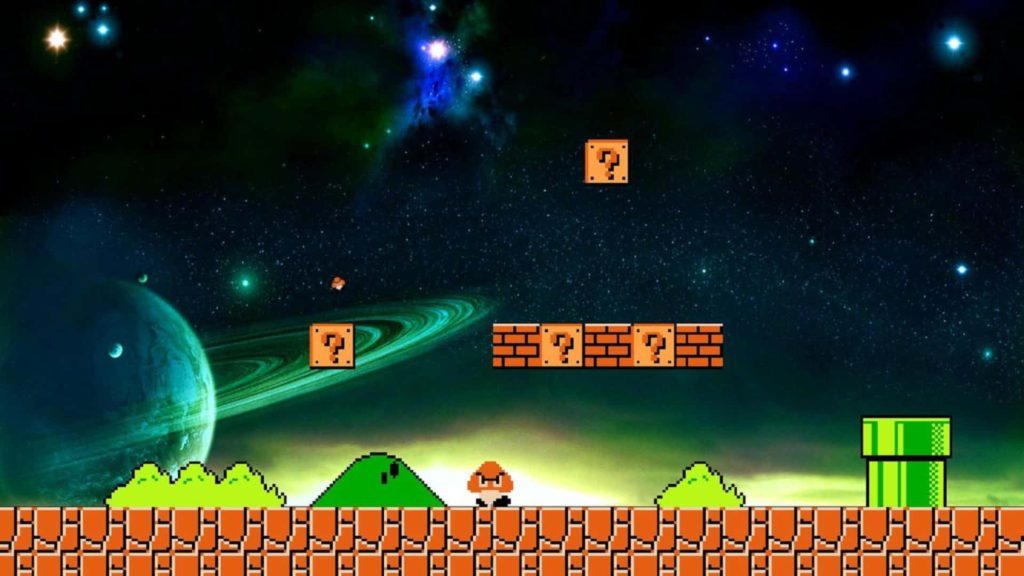 90s pixelated Goomba in retro Super Mario space platformer with bricks pipes and nebula background Wallpaper