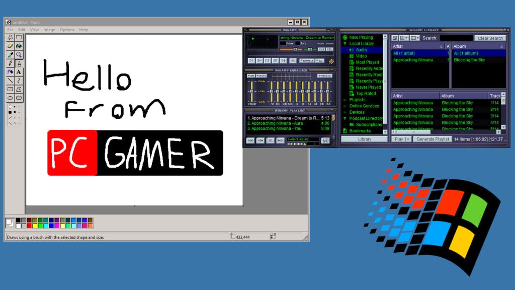 Retro 90s Windows desktop wallpaper with MS Paint hello message Winamp player and Windows 95 logo