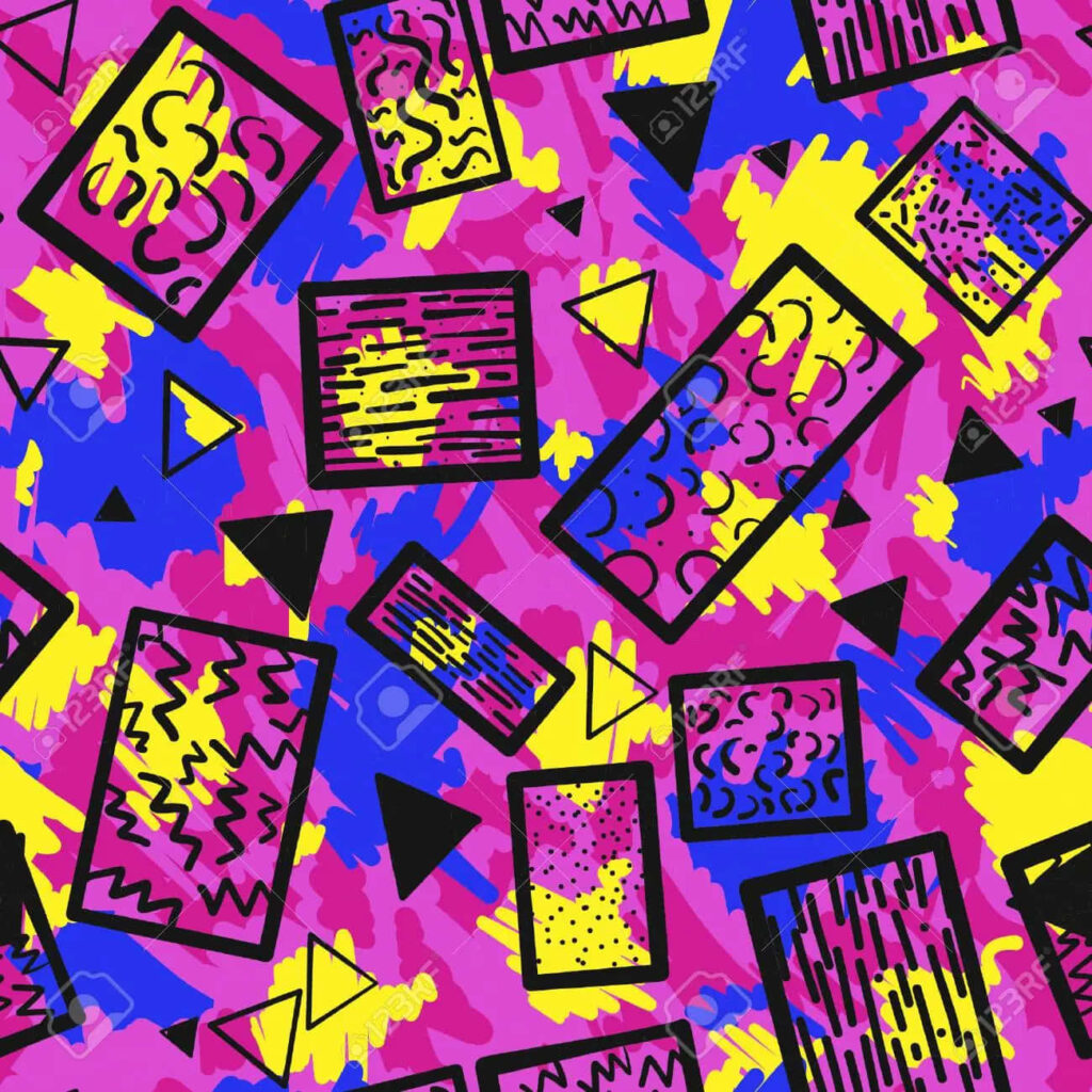 Vibrant 90s Wallpaper: Bold Geometric Shapes & Colorful Scribbles