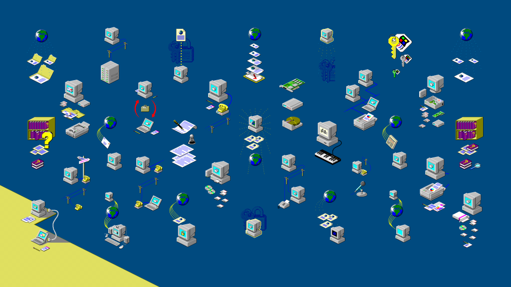 Nostalgic 90s Windows 98 pixel art wallpaper with vintage computer icons on blue background
