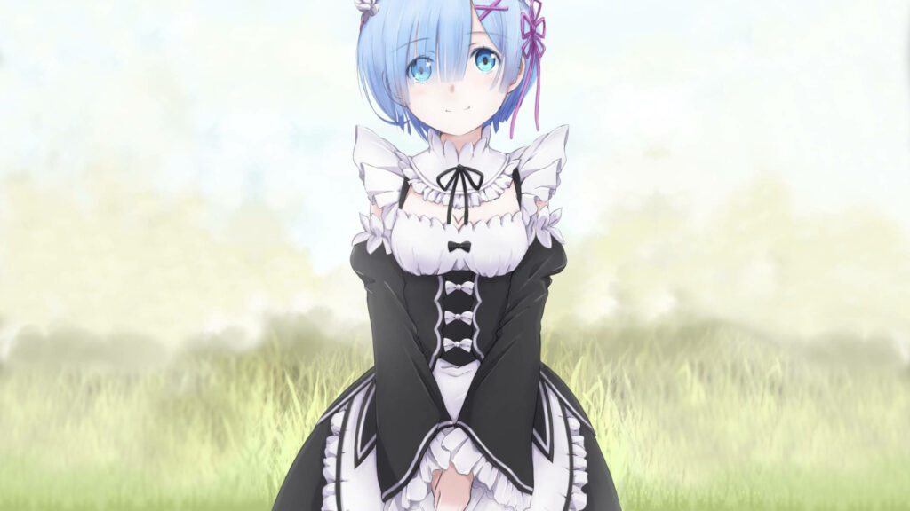 Maid Rem in Serene Greenfield: An Adorable Anime Wallpaper