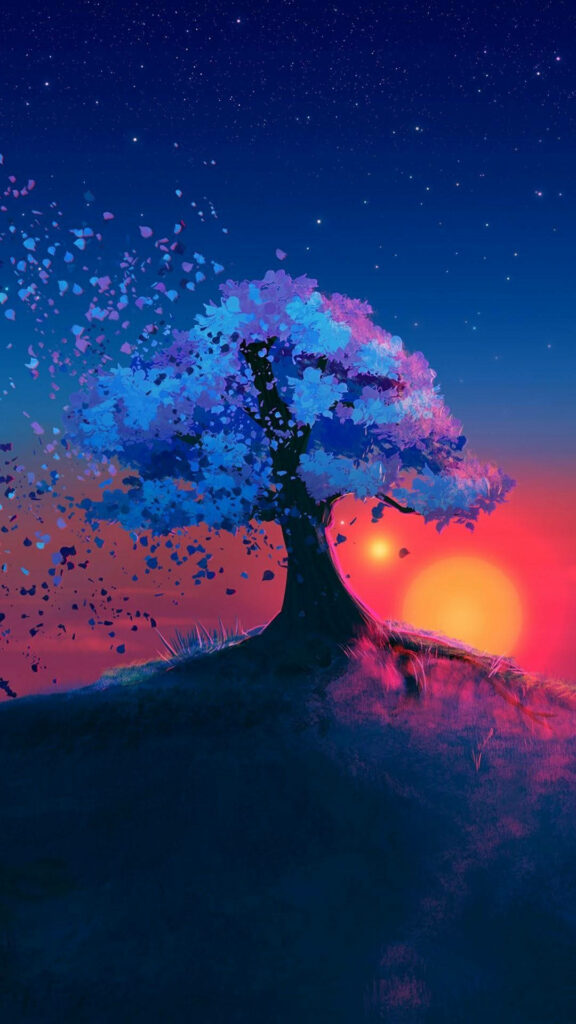 Sky's Canvas: Majestic Blue Tree with Floating Leaves on Vibrant Sunset Sky - Perfect Full HD Tablet Background Wallpaper