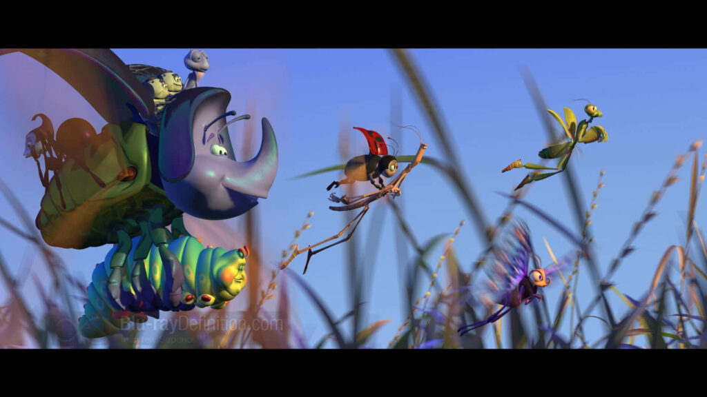 A Bugs Life wallpaper with colorful insects flying through tall grass under a bright blue sky