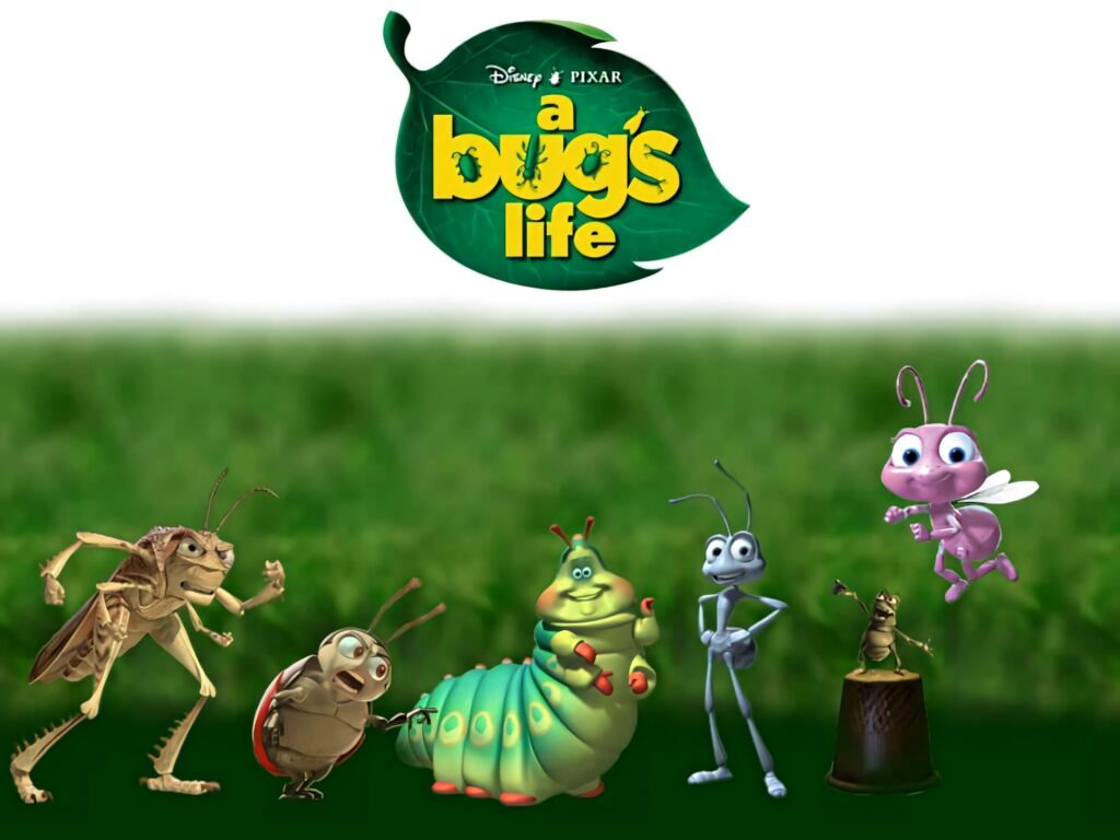 A Bugs Life loading screen with main insect characters on grass and movie logo above them Wallpaper