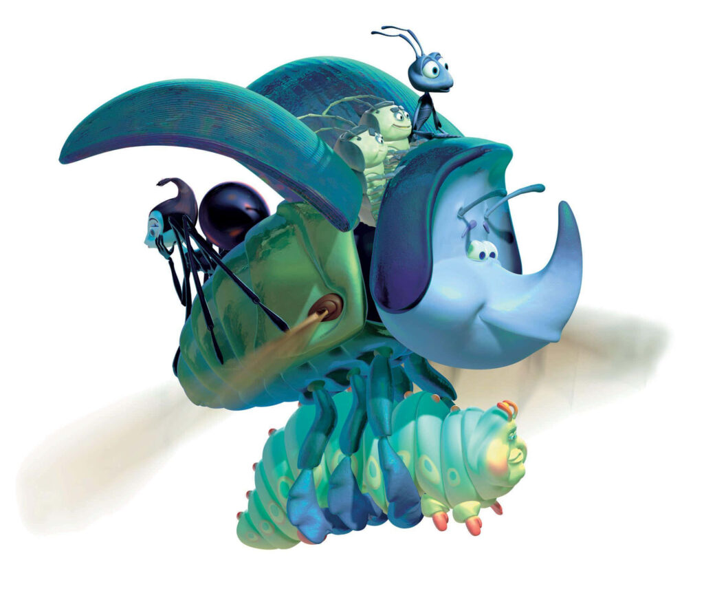 A Bugs Life wallpaper with characters riding a colorful caterpillar showcasing adventure