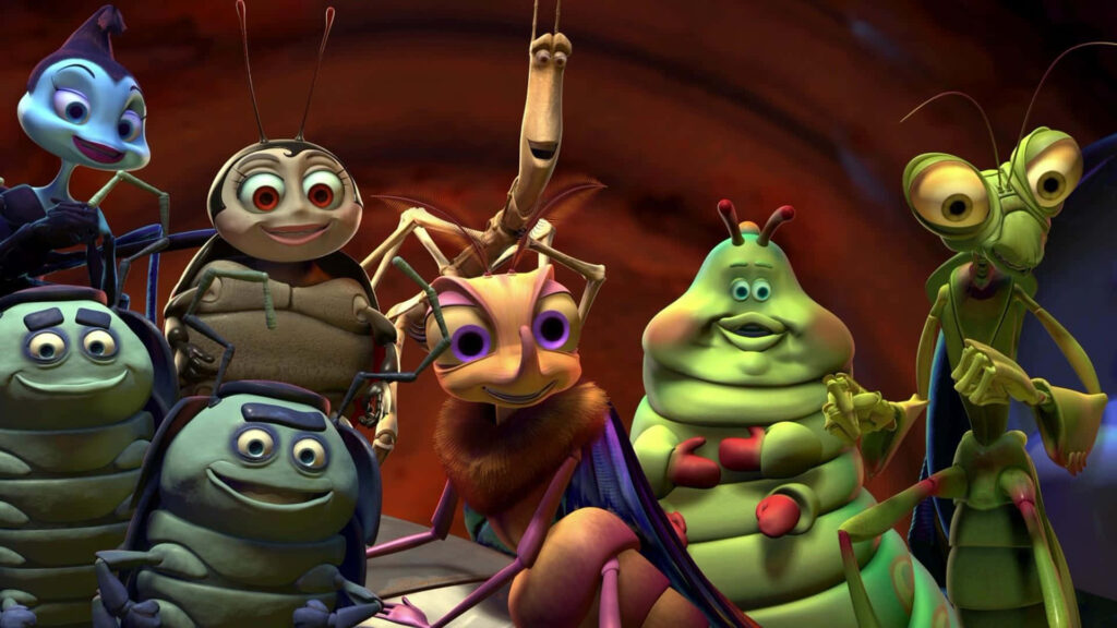 Vibrant A Bugs Life wallpaper showing main bug characters cheerful inside bustling colony background