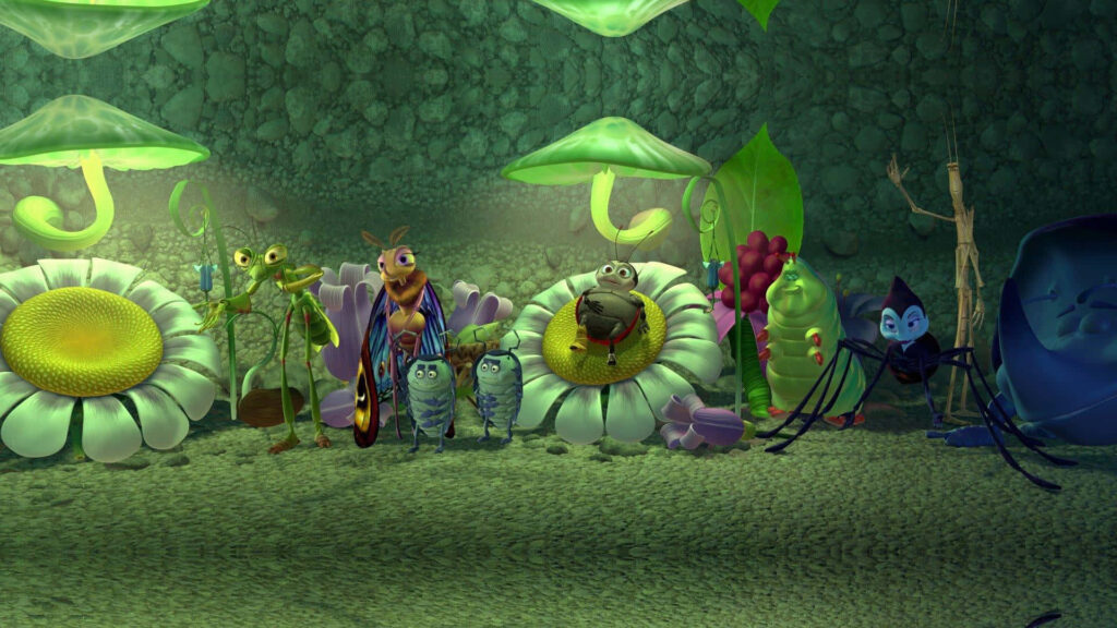 A Bugs Life wallpaper with charming insects under glowing mushrooms in a vibrant underground scene