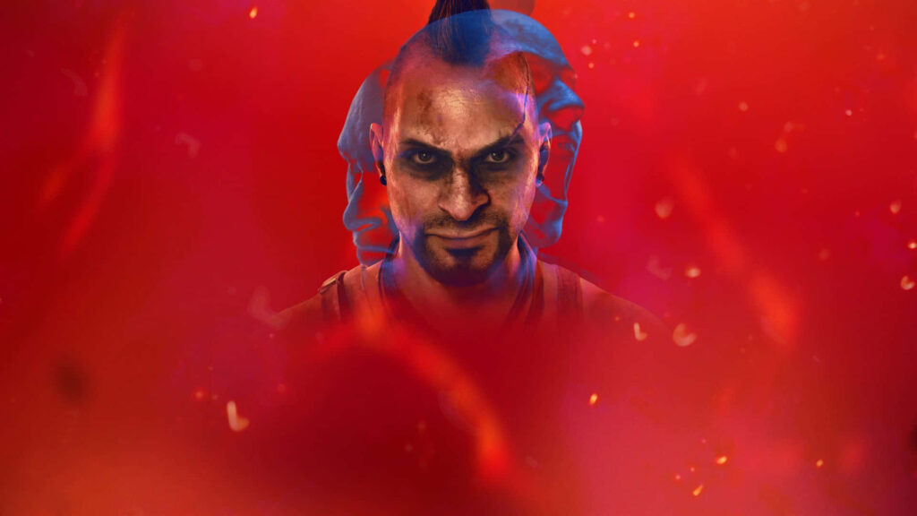 Dramatic Far Cry 3 Character Vaas Montenegro in Intense Red Background Wallpaper