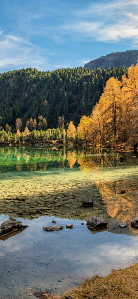 Swiss Serenity: Vibrant Autumn Colors Reflecting in Crystalline Lai Da Palpuogna Lake - Captivating Fall Scene for Iphone Wallpaper