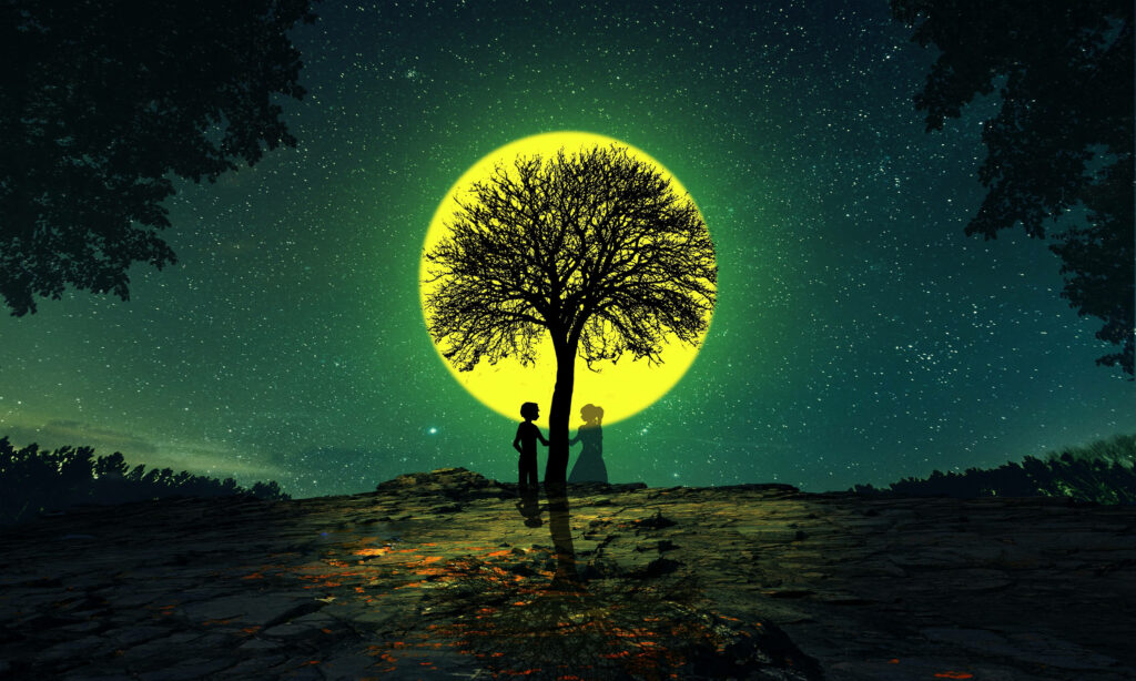 Wandering Souls: Passionate Love Silhouetted by Tree, Over a Luminous Moon and Starry Night - Mesmerizing Full HD Love Background Wallpaper