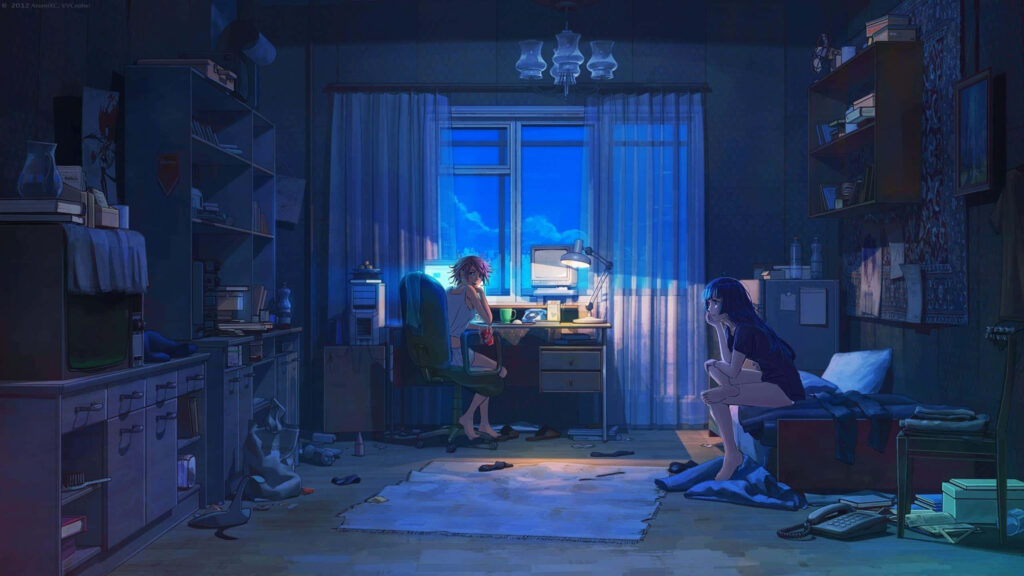 Cozy Anime Vibes: A Relaxed Dual-Screen Wallpaper Featuring a Teenage Couple in their Laid-Back Room, with a Boy Focused on Studying and a Girl Enjoying TV Time