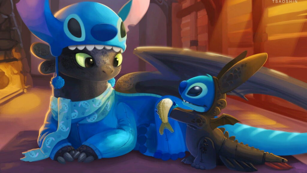 Slow and Steady Stitch: A Captivating HD Wallpaper featuring a Tortoise and Stitch