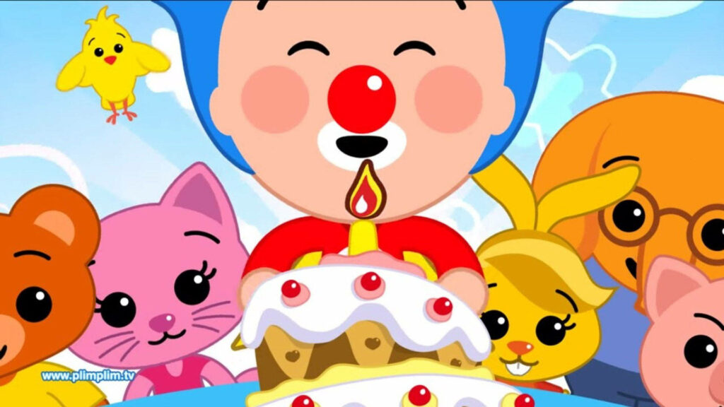 Joyful Celebration with Plim Plim: Friends Gather Behind as the Candle Blows on a Birthday Cake Wallpaper