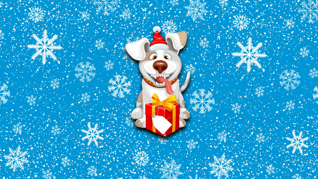 A Festive Canine Surprise: Vibrant 8k Christmas Background Bursting with Joy, featuring a Delightful Pooch, a Santa Hat, and a Gift, All on a Snowflake-Adorned Blue Setting Wallpaper