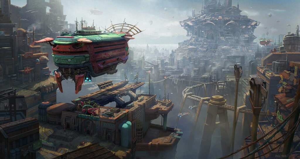 City of Steel: Futuristic Atompunk Airships Soaring above a Steampunk Metropolis Wallpaper