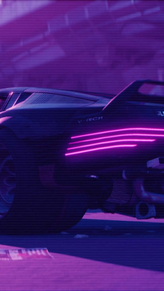 Neon-Purple Futuristic Car: Immersive Backdrop for Cyberpunk 2077 Wallpaper