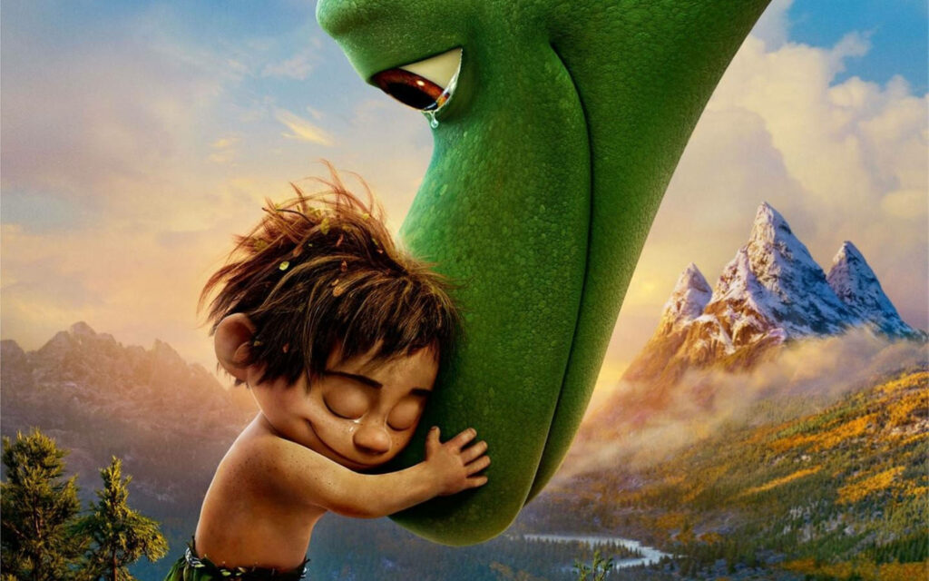 Tearful Embrace: Characters from 'The Good Dinosaur' Share Heartfelt Hug amidst Emotional Landscape Wallpaper