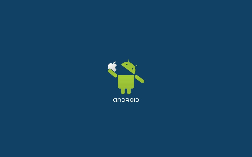 Hilarious Hi-Tech Antics: Android Robot Feasts on Apple's Iconic Fruit in Comical Computer-Scape! Wallpaper
